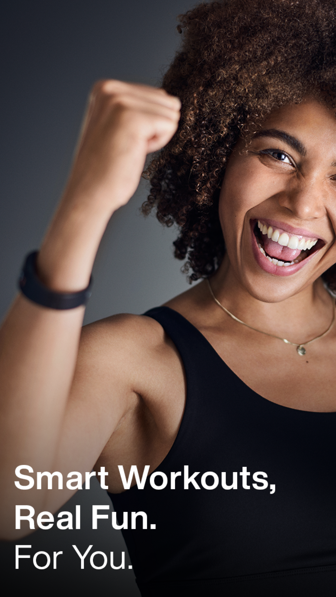 Image of lady with big curly hair in gym kit flexing her muscles on grey background with motivating quote